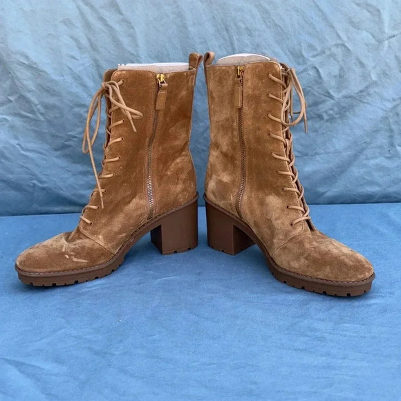 VINCE suede combat boot tan Henderson Lace brown ankle boot women sz 9.5M NWOT - Picture 2 of 10